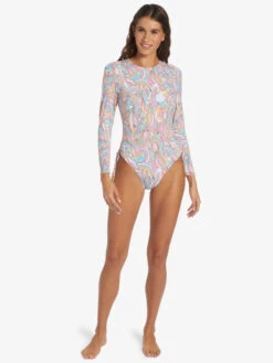 Roxy Warm Sand Onesie Active Cropped UPF 50 Long Sleeve Rashguard -Roxy Swimwear Shop arjwr03205 roxyw mdr6 frt9